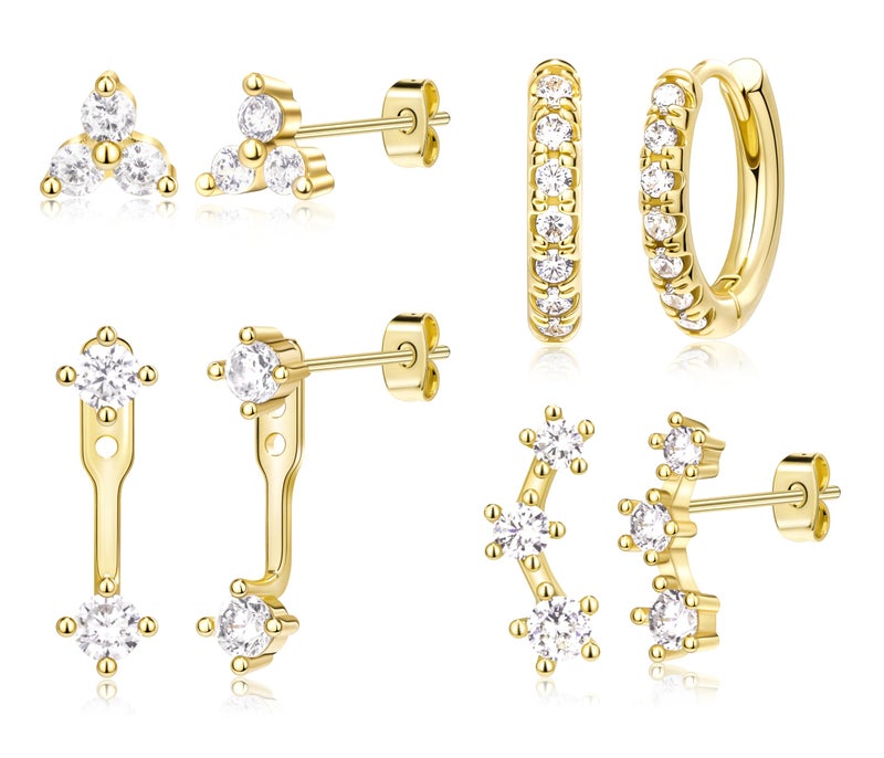 Poxtex Gold Stud Earrings for Women Trendy, Created Diamond Huggie Jacket Cartilage Earrings Set for Multiple Piercing, Cute Everyday Jewelry Gifts - Image 1