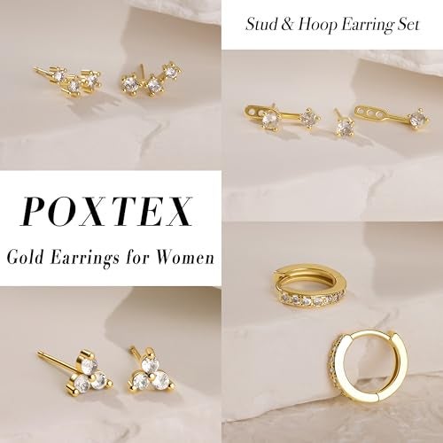 Poxtex Gold Stud Earrings for Women Trendy, Created Diamond Huggie Jacket Cartilage Earrings Set for Multiple Piercing, Cute Everyday Jewelry Gifts - Image 5