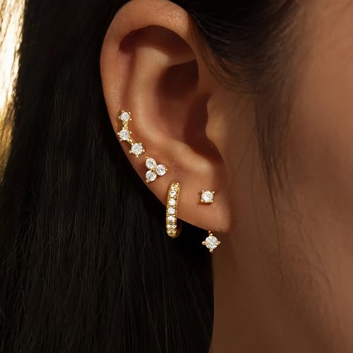 Poxtex Gold Stud Earrings for Women Trendy, Created Diamond Huggie Jacket Cartilage Earrings Set for Multiple Piercing, Cute Everyday Jewelry Gifts - Image 4