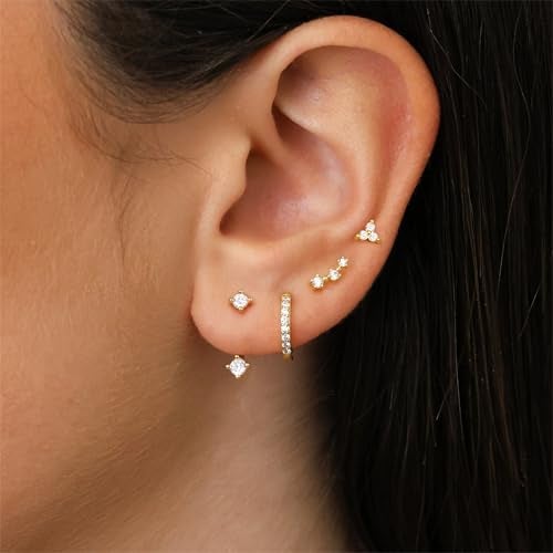 Poxtex Gold Stud Earrings for Women Trendy, Created Diamond Huggie Jacket Cartilage Earrings Set for Multiple Piercing, Cute Everyday Jewelry Gifts - Image 2
