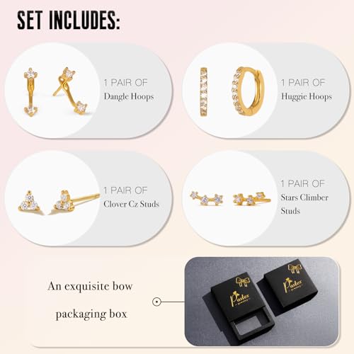 Poxtex Gold Stud Earrings for Women Trendy, Created Diamond Huggie Jacket Cartilage Earrings Set for Multiple Piercing, Cute Everyday Jewelry Gifts - Image 3