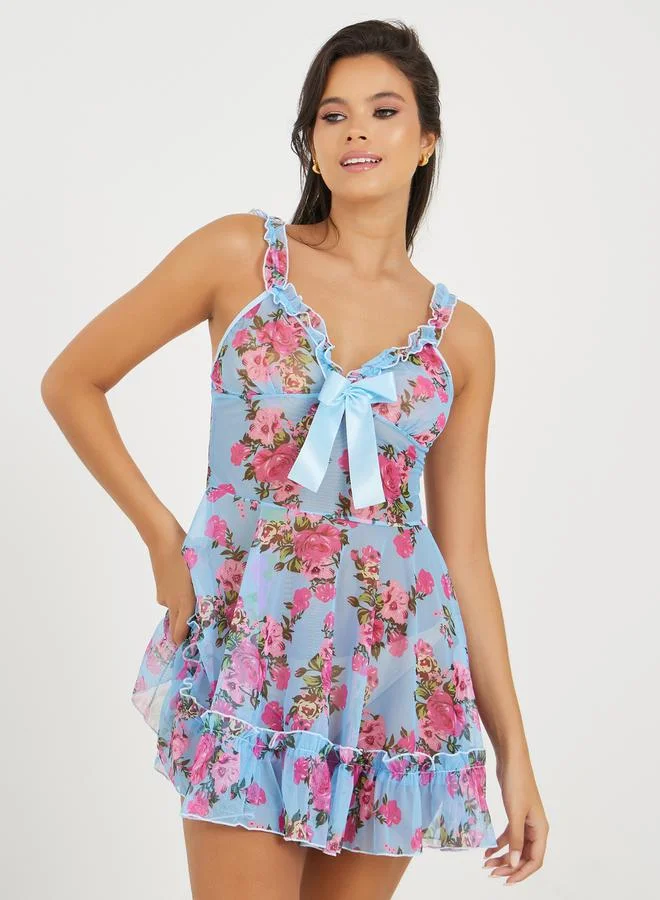 ستايلي All Over Floral Print Ruffle Edge Babydoll