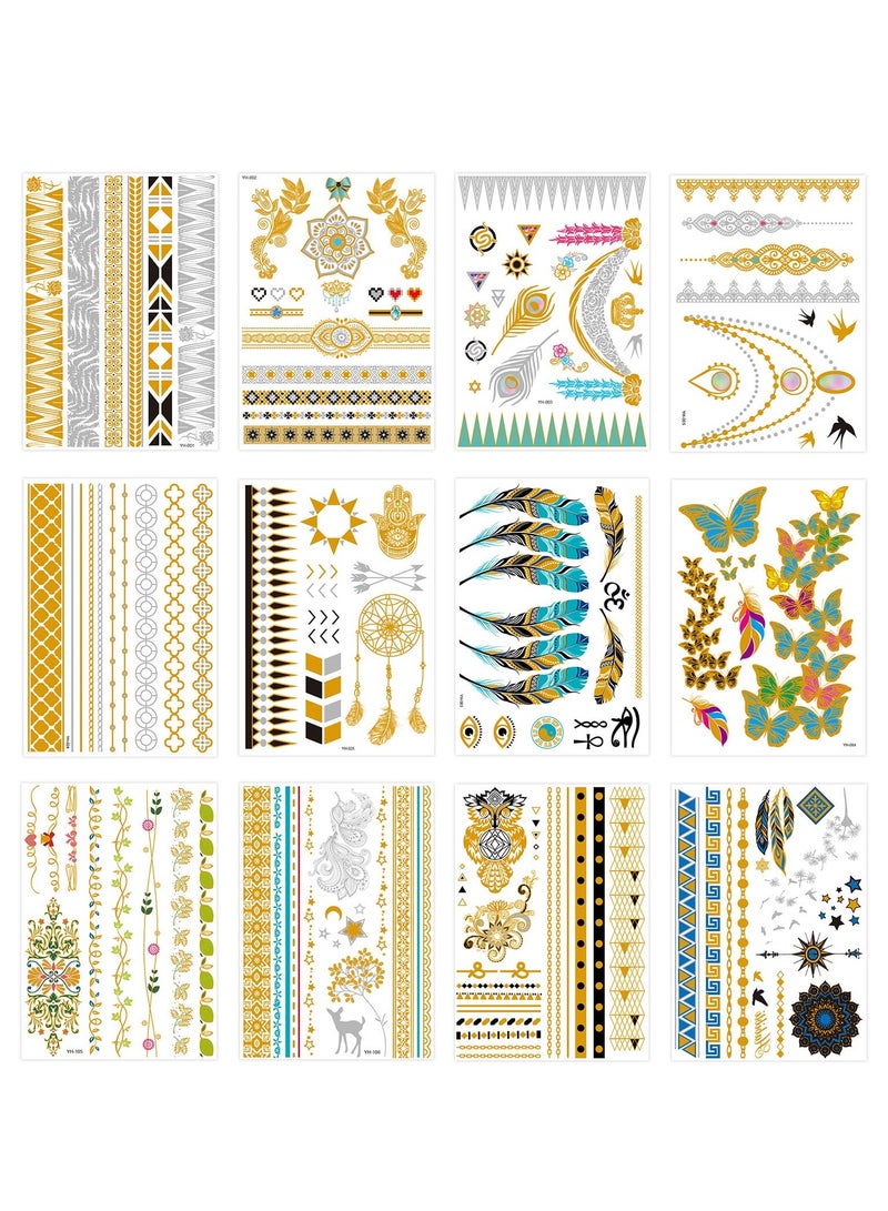 Waterproof Metallic Temporary Tattoos - 12 Sheets of Gold & Silver Glitter Stickers for Women & Teens, Perfect for DIY Body Art & Fashion Looks - Image 1