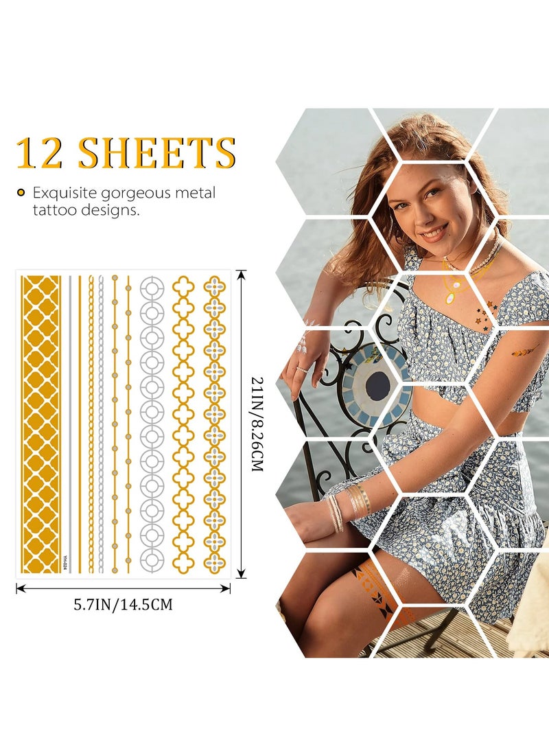 Waterproof Metallic Temporary Tattoos - 12 Sheets of Gold & Silver Glitter Stickers for Women & Teens, Perfect for DIY Body Art & Fashion Looks - Image 4