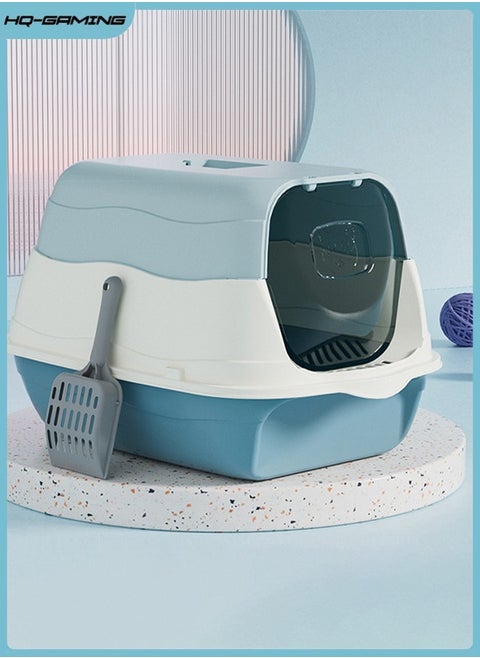 Detachable Cat Litter Box, Large Enclosed High Sided Litter Box with Removable Lid Anti-Splashing Cat Supplies with Plastic Scoop & Deodorizing Bag Easy Clean No Smell Kitty (Blue)