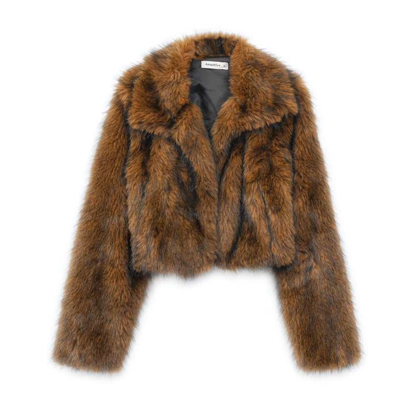 Amazhiyu Women's Faux Fur Cropped Coat Winter Open-front Long Sleeve Jackets Warm Camel, Medium - Image 3