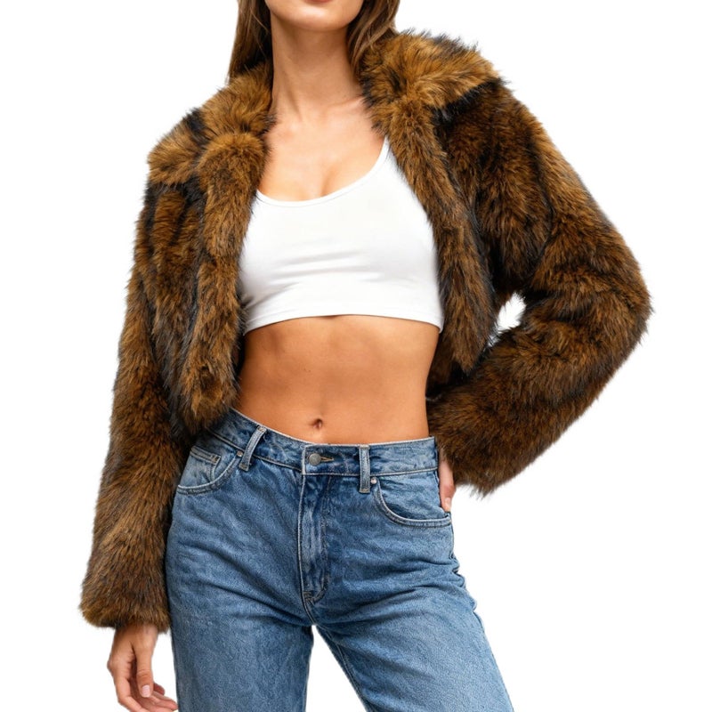 Amazhiyu Women's Faux Fur Cropped Coat Winter Open-front Long Sleeve Jackets Warm Camel, Medium - Image 1