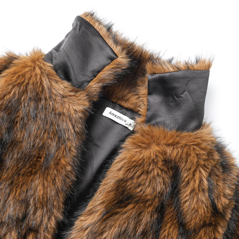 Amazhiyu Women's Faux Fur Cropped Coat Winter Open-front Long Sleeve Jackets Warm Camel, Medium - Image 4