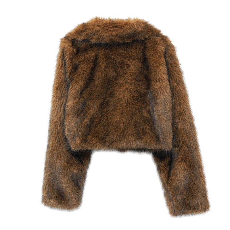 Amazhiyu Women's Faux Fur Cropped Coat Winter Open-front Long Sleeve Jackets Warm Camel, Medium - Image 2