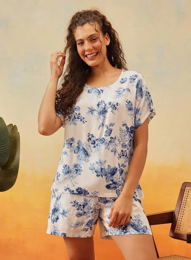 Clovia Rayon Floral Print Top and Shorts Set