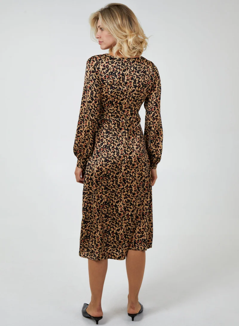 Blue Vanilla Leopard Print Wrap Midi Dress