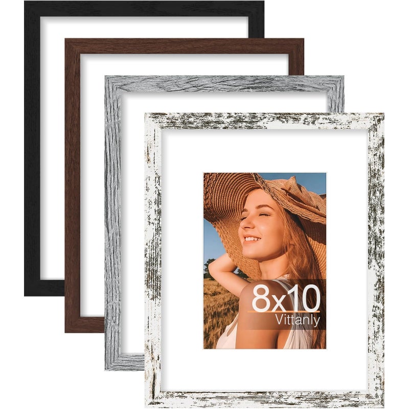 Vittanly 8x10 Picture Frames Set of 4  Display Pictures 5x7 with Mat or 8x10 without Mat  Engineered Wood with Shatter Resistant Plexiglass  Photo Frames for Wall or Tabletop Display  Mixed Colors - Image 1