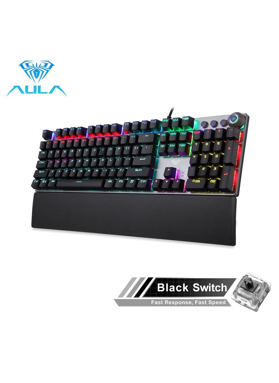 Mechanical Gaming Keyboard NKRO with Wrist Rest RGB Backlit Volume/Lighting Control Knob Fully Programmable 108-Keys Anti-Ghosting Wired Computer Keyboards for Office/Games, Black Switch 