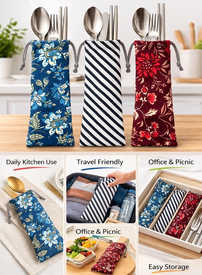 SRHV Multi Desing Cotton Drawstring Spoon Bags - Reusable Eco-Friendly Storage Pouches for Chopsticks, Cutlery, and Utensils - Ideal for Travel, Picnic, and Daily Use(8pcs) - Image 3