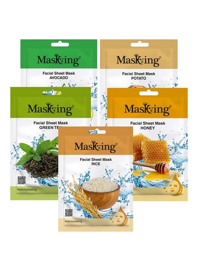 MASKING Beauty Facial Sheet Mask Avocado Potato Green Tea Honey & Rice For Skin Nourishing Lightening Hydrating Glowing & Soothing For Women & Men 100Ml (Combo Of 5) - Image 1