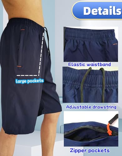 AICOC Men's Shorts Athletic Running Workout Swim Trunks with Ziper Pockets Quick Dry Lightweight Navy - Image 3