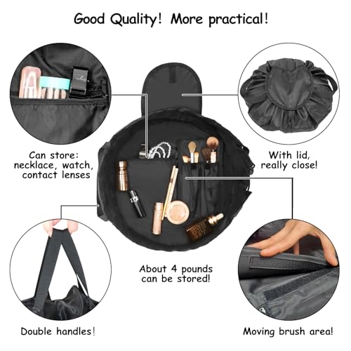 SUMBABO Drawstring Makeup Bag Open Flat – Barrel Drawstring Cosmetic Bag for Women Toiletry Bag for Travel with Brush Bag (Black) - Image 5