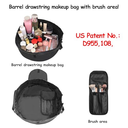 SUMBABO Drawstring Makeup Bag Open Flat – Barrel Drawstring Cosmetic Bag for Women Toiletry Bag for Travel with Brush Bag (Black) - Image 2