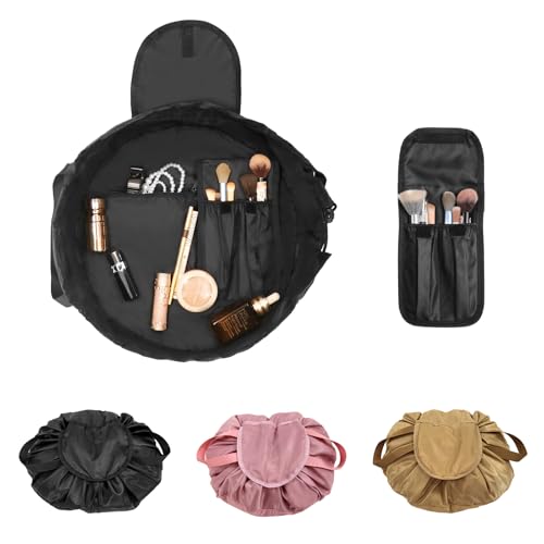 SUMBABO Drawstring Makeup Bag Open Flat – Barrel Drawstring Cosmetic Bag for Women Toiletry Bag for Travel with Brush Bag (Black) - Image 1
