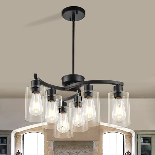 Sigaitwei 6 Light Modern Chandeliers for Dining Room,21.7" Black Hanging Light Fixture，Kitchen Pendant Lighting Over Island，Industrial Farmhouse Chandelier,Metal with Downward Clear Glass Shade - Image 5