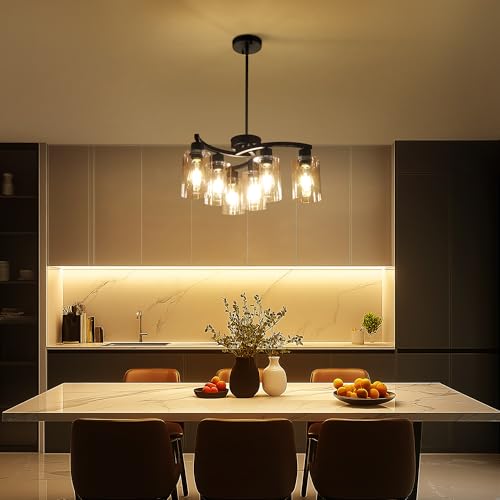 Sigaitwei 6 Light Modern Chandeliers for Dining Room,21.7" Black Hanging Light Fixture，Kitchen Pendant Lighting Over Island，Industrial Farmhouse Chandelier,Metal with Downward Clear Glass Shade - Image 4