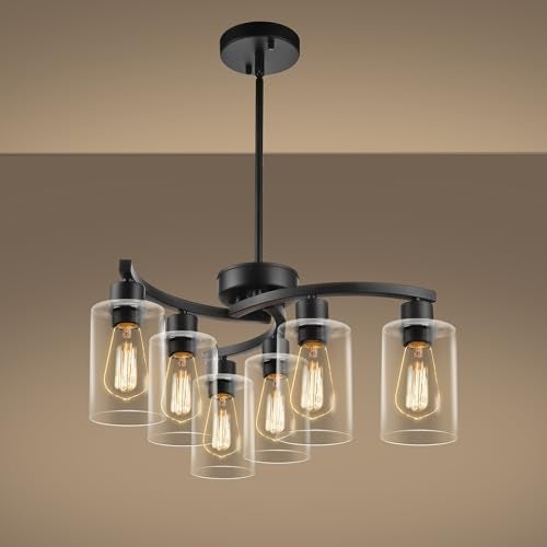 Sigaitwei 6 Light Modern Chandeliers for Dining Room,21.7" Black Hanging Light Fixture，Kitchen Pendant Lighting Over Island，Industrial Farmhouse Chandelier,Metal with Downward Clear Glass Shade - Image 1
