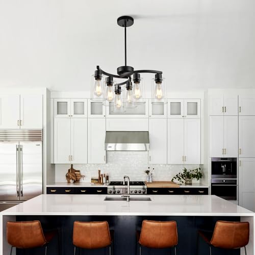 Sigaitwei 6 Light Modern Chandeliers for Dining Room,21.7" Black Hanging Light Fixture，Kitchen Pendant Lighting Over Island，Industrial Farmhouse Chandelier,Metal with Downward Clear Glass Shade - Image 2