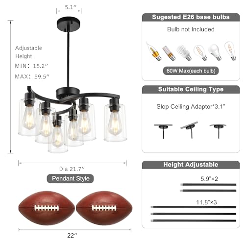 Sigaitwei 6 Light Modern Chandeliers for Dining Room,21.7" Black Hanging Light Fixture，Kitchen Pendant Lighting Over Island，Industrial Farmhouse Chandelier,Metal with Downward Clear Glass Shade - Image 3
