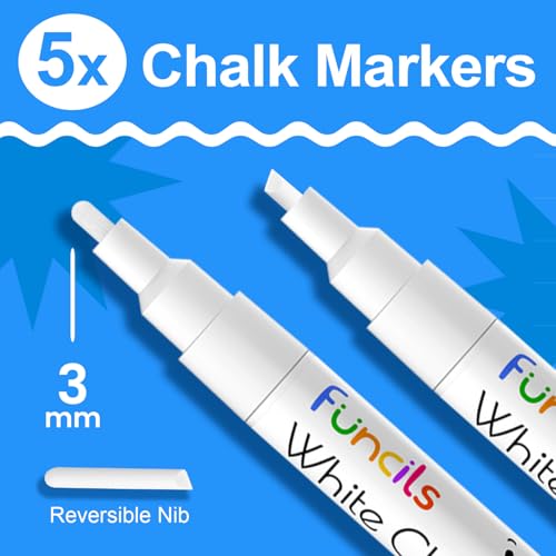 Funcils White Chalk Markers Fine Tip (5 Pack, 3mm Reversible Tip) - For Chalkboard, Blackboard, Car Windows, Glass, Acrylic Calendar | Dry erase, Erasable Thin Liquid Chalk Pens - Image 2
