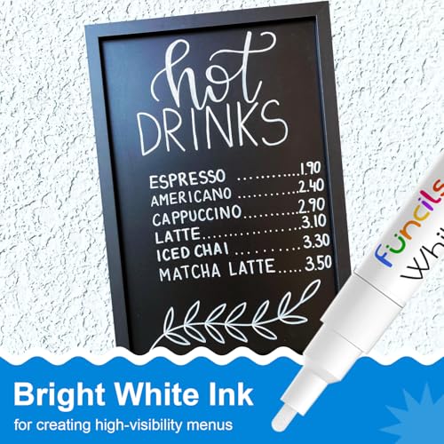 Funcils White Chalk Markers Fine Tip (5 Pack, 3mm Reversible Tip) - For Chalkboard, Blackboard, Car Windows, Glass, Acrylic Calendar | Dry erase, Erasable Thin Liquid Chalk Pens - Image 5