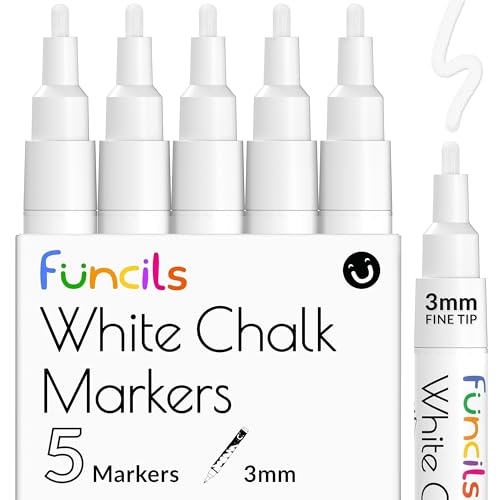 Funcils White Chalk Markers Fine Tip (5 Pack, 3mm Reversible Tip) - For Chalkboard, Blackboard, Car Windows, Glass, Acrylic Calendar | Dry erase, Erasable Thin Liquid Chalk Pens - Image 1