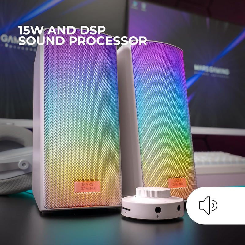 MARS GAMING MARSGAMING MSRGB2, Bluetooth 5.3 Speaker 15 W, DSP Sound Processor, Dynamic RGB Lighting, Full Mesh Front, Compact Speaker with Control Box, 3.5 mm Jack and USB Port, White - Image 2