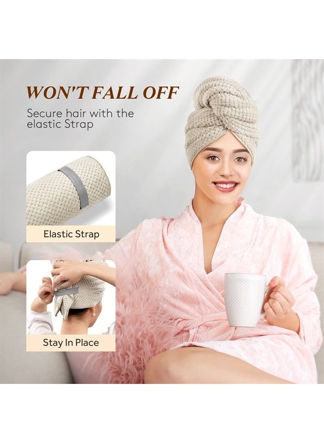 YFONG Large Microfiber Hair Towel Wrap for Women, Anti Frizz Hair Drying Towel with Elastic Strap, Fast Drying Hair Turbans for Wet Hair, Long, Thick, Curly Hair, Super Soft Hair Wrap Towels Camel - Image 4