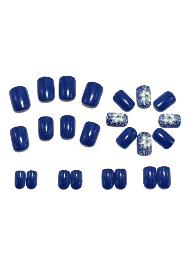 LANGMANNI 24pcs Dark Blue Glossy Fake Nails with 3D Floral Patterns - Short Square Nail Tips, Removable & Reusable, ABS Material, Machine-Produced, Ideal for Manicure & Pedicure, Nail Art Supplies, Elegant Nail Design, Durable Nail Tips - Image 3