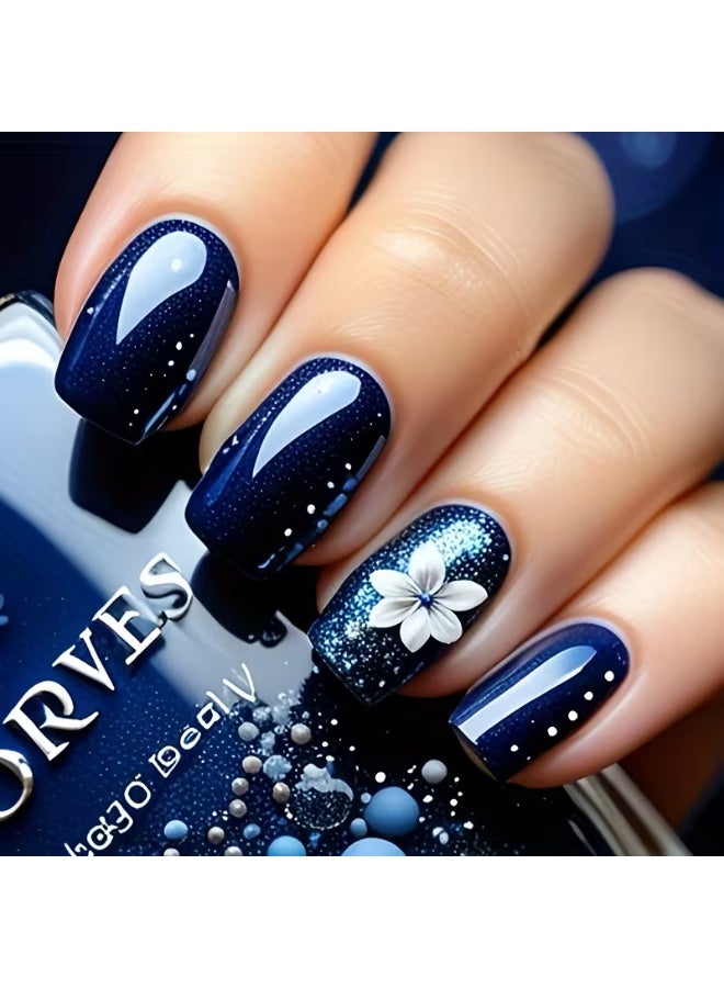 LANGMANNI 24pcs Dark Blue Glossy Fake Nails with 3D Floral Patterns - Short Square Nail Tips, Removable & Reusable, ABS Material, Machine-Produced, Ideal for Manicure & Pedicure, Nail Art Supplies, Elegant Nail Design, Durable Nail Tips - Image 1
