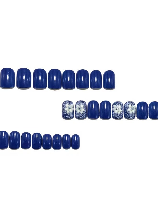 LANGMANNI 24pcs Dark Blue Glossy Fake Nails with 3D Floral Patterns - Short Square Nail Tips, Removable & Reusable, ABS Material, Machine-Produced, Ideal for Manicure & Pedicure, Nail Art Supplies, Elegant Nail Design, Durable Nail Tips - Image 2