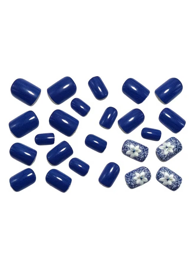 LANGMANNI 24pcs Dark Blue Glossy Fake Nails with 3D Floral Patterns - Short Square Nail Tips, Removable & Reusable, ABS Material, Machine-Produced, Ideal for Manicure & Pedicure, Nail Art Supplies, Elegant Nail Design, Durable Nail Tips - Image 4