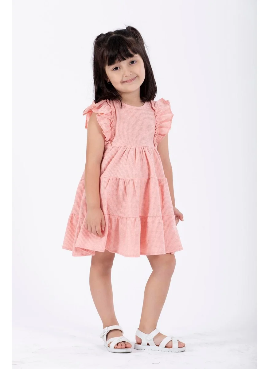 زيبكيدز Pink Color Girl Waffle Dress with Ruffle Sleeves