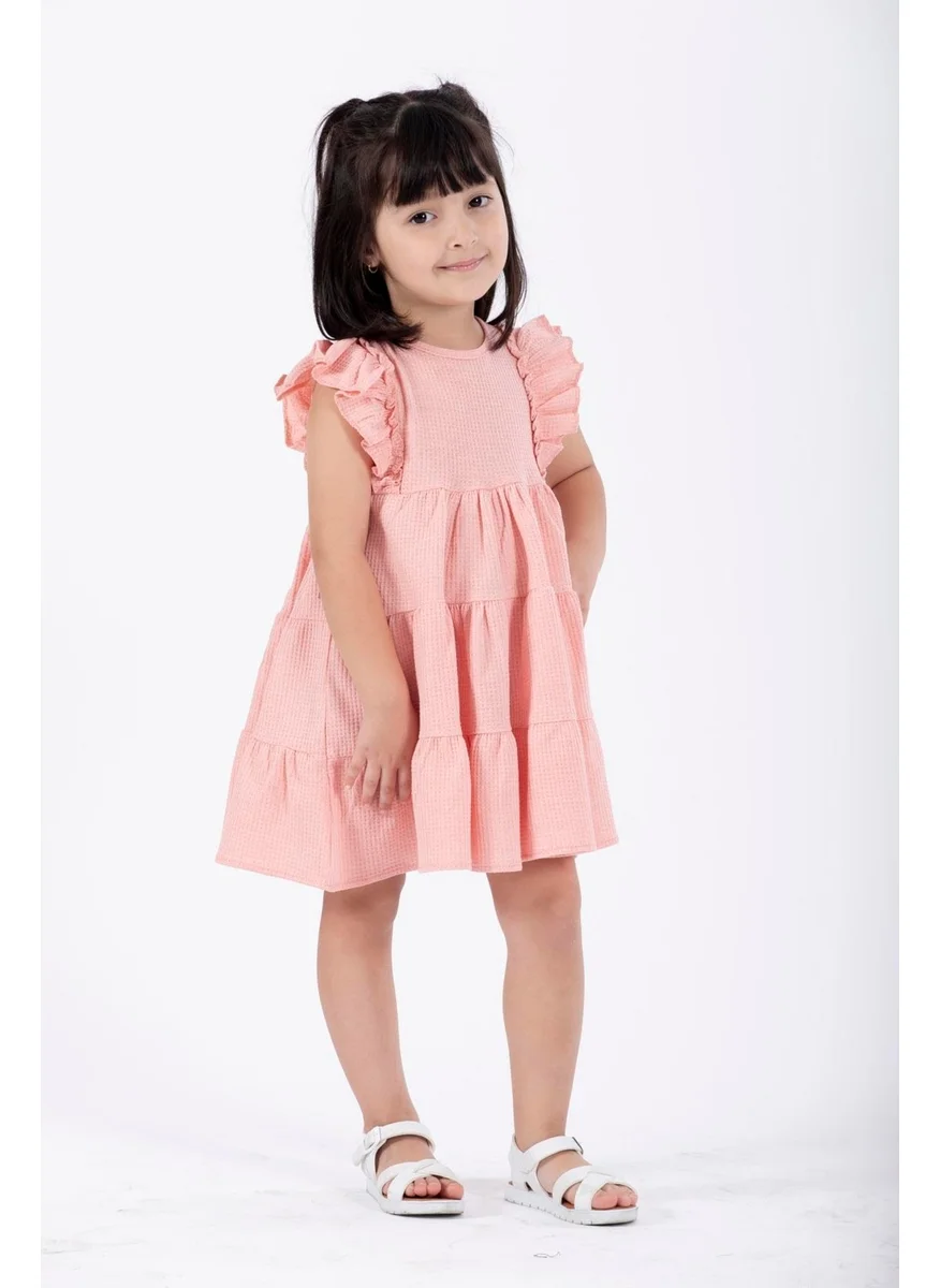 زيبكيدز Pink Color Girl Waffle Dress with Ruffle Sleeves