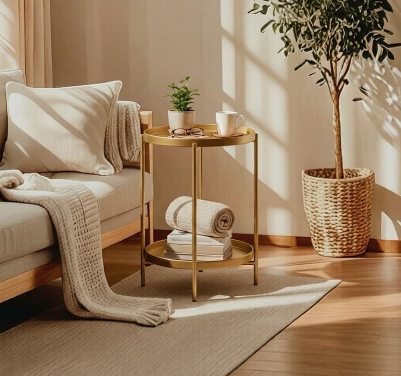 TeoKJ 2 Tier Gold Side Table, Folding Round Metal End Table Small Nightstand with Two Removable Tray for Bedroom Living Room Small Spaces Bedside Gold - Image 5