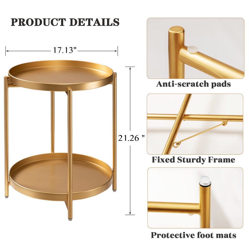 TeoKJ 2 Tier Gold Side Table, Folding Round Metal End Table Small Nightstand with Two Removable Tray for Bedroom Living Room Small Spaces Bedside Gold - Image 3
