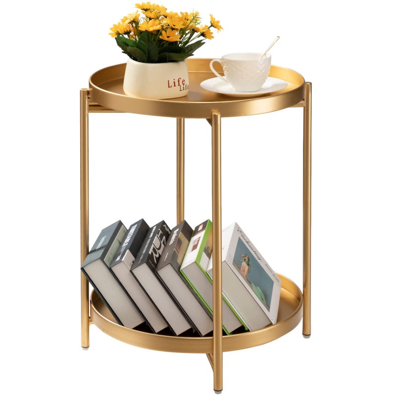 TeoKJ 2 Tier Gold Side Table, Folding Round Metal End Table Small Nightstand with Two Removable Tray for Bedroom Living Room Small Spaces Bedside Gold - Image 1