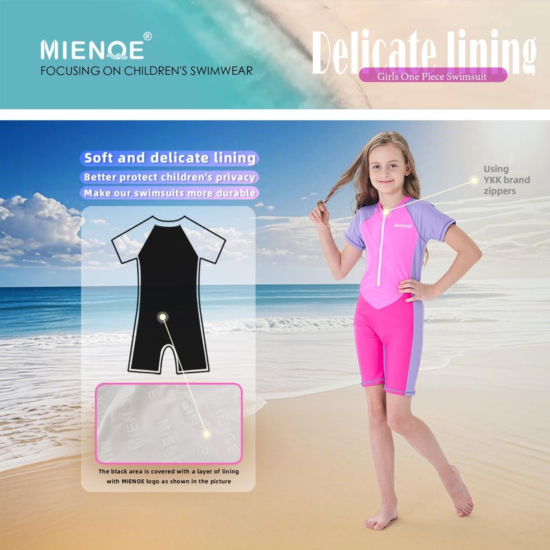 MIENOE Teen Girls One Piece Swimsuit Kid Girls' Water Sport Short Swimsuit UPF 50+ Sun Protection Bathing Suits (Size 12-14Years, Pink) - Image 5