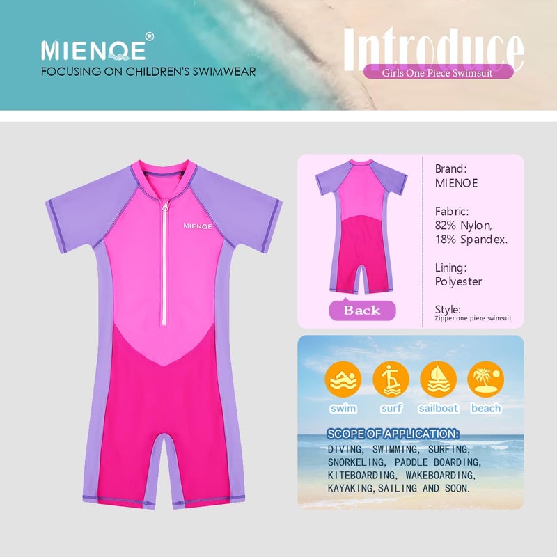 MIENOE Teen Girls One Piece Swimsuit Kid Girls' Water Sport Short Swimsuit UPF 50+ Sun Protection Bathing Suits (Size 12-14Years, Pink) - Image 2