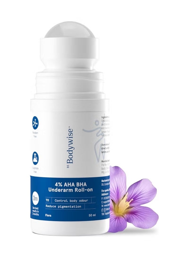 Be Bodywise 4% AHA BHA Underarm Roll On | 2% Lactic Acid, 1% Salicylic Acid | Controls Odour & Reduces Pigmentation, Kills Bacteria for Radiant Underarm | Aqua Fragrance | 50ml - Image 1