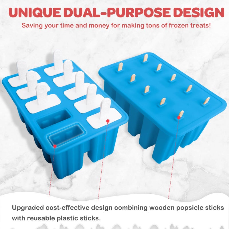 Miaowoof Homemade Popsicle Molds, 10-Cav Non-BPA Silicone Ice Pop Maker, with 50 Sticks, 50 Bags, 10 Reusable Sticks, Funnel, Brush and Ice Pop Recipe (Blue+Bin) - Image 3