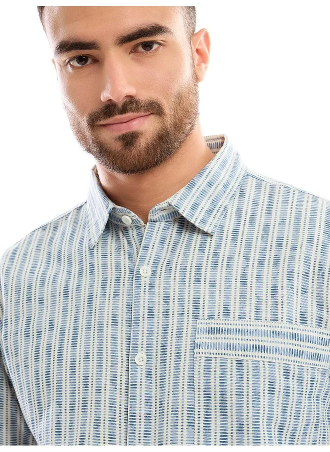 Beyoung White and Indigo Cotton Slub Shirt for Men