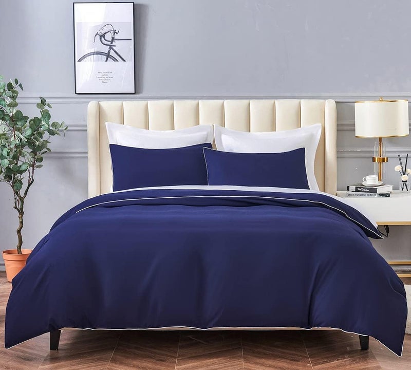 DAUAOTO Duvet Cover Twin/Twin XL Set, Navy Blue Microfiber Dorm Bedding, Decorative White Piping, 1 Zipper Closure Cover + 1 Standard Sham - Image 3