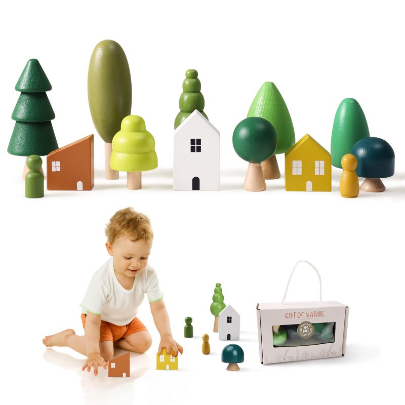 Promise Babe Wooden Tree Toys Montessori Wooden Blocks Stacking Toys for Toddlers Miniature Trees House Various Sizes Woodland Creative Craft Home Decor