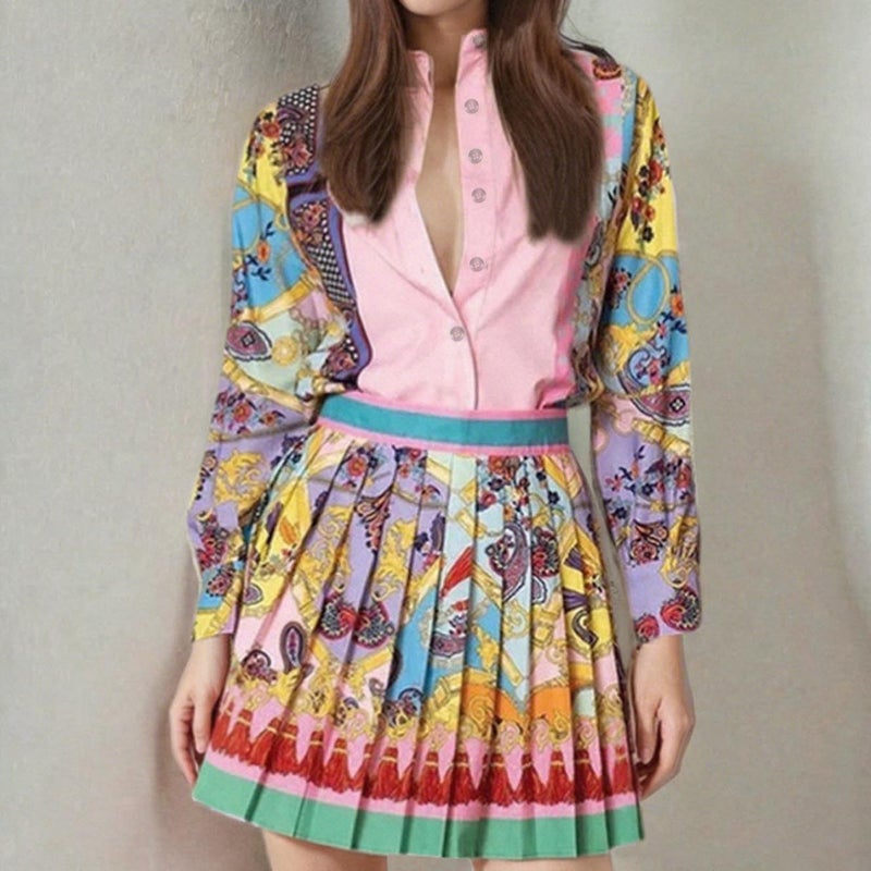 Women's Printed Long Sleeve Blouse and Pleated Skirt Two-Piece Set - Image 2